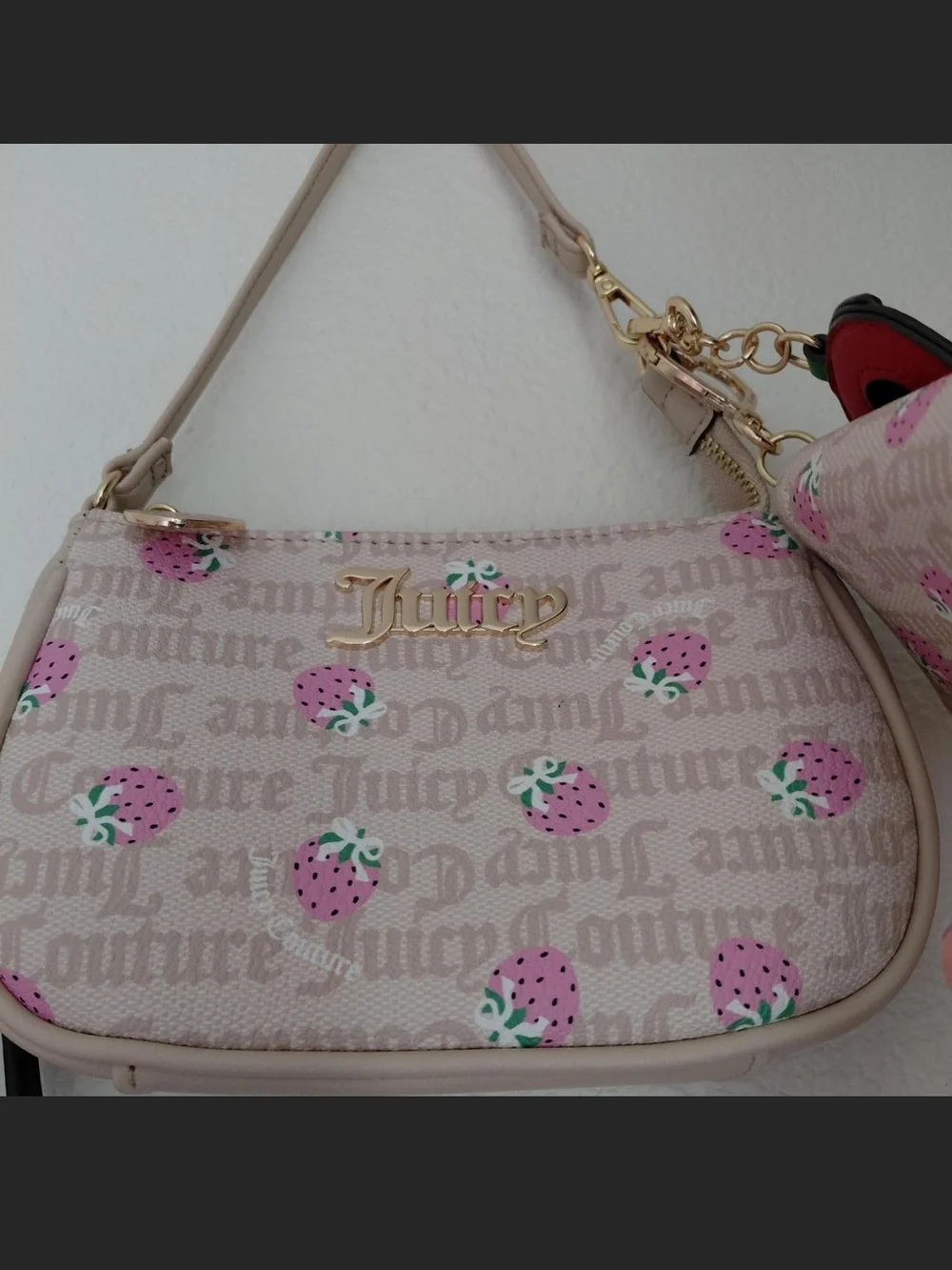 Juicy Couture Pink Strawberry Print Wristlet & Wallet Set Red Charm NOT Included - Picture 2 of 2